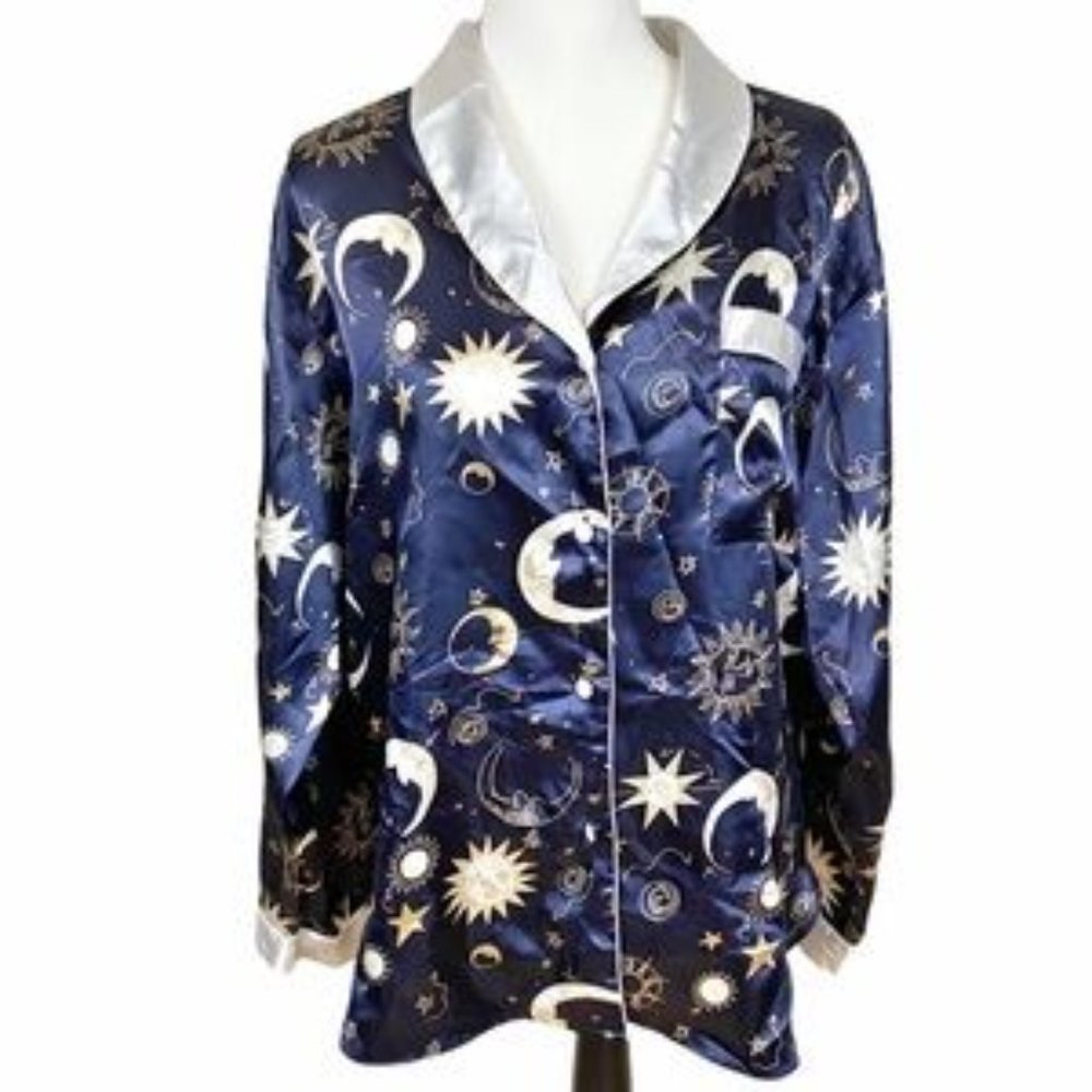 90's Sleep Club Satin Celestial Sleep Shirt Sun Moon Star PJ Top